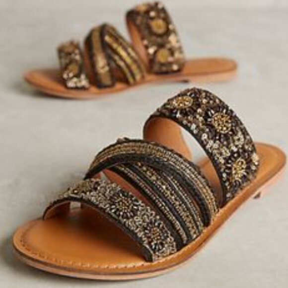 ANTHROPOLOGIE JASPER & JEERA La Plata Boho Beaded Slide Sandals - Size US 7.5 - Picture 1 of 14